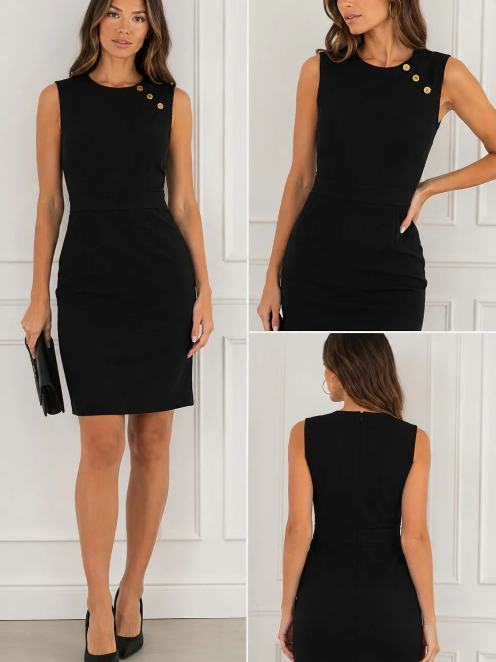 Tory Burch Black Sleeveless Sheath Dress with Gold Buttons